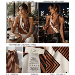 LOFT Halter Blouse Womens S Orange Black Striped Satin Draped Sleeveless Top